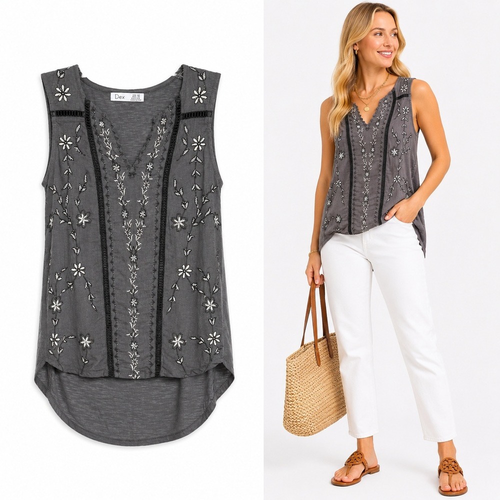 Dex Tank Top Women XS Gray Floral Embroidered Boho V-Neck High‎ Low Sleeveless